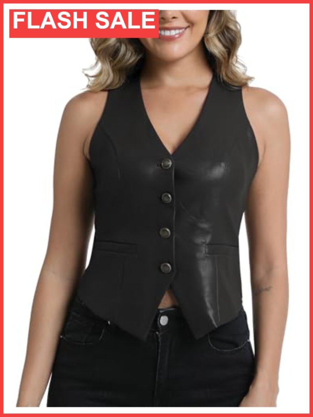 PU Leather Vest Faux Leather Tops V Neck Sleeveless Waistcoat